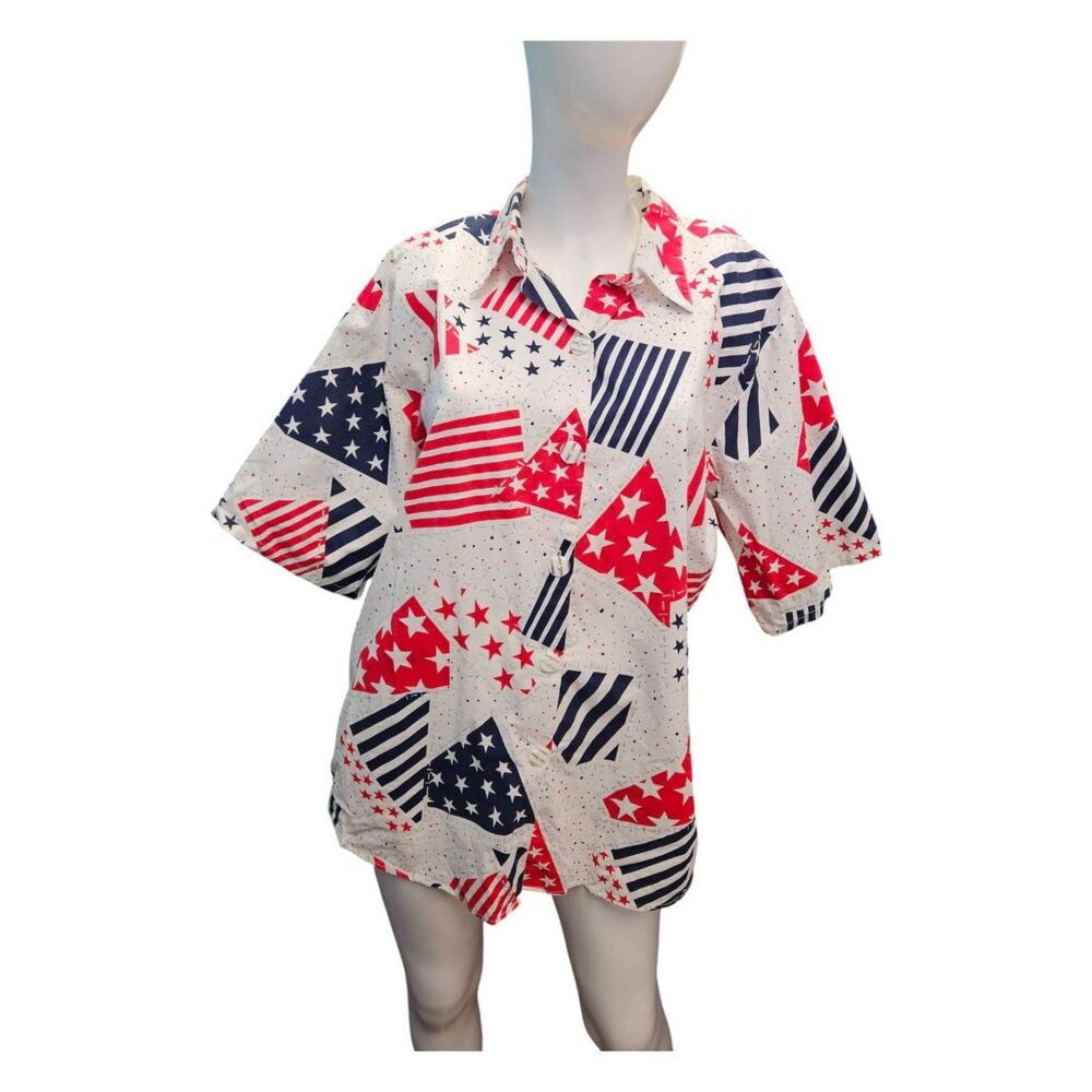 Separate Issue Vintage 80's July 4th Print Shirt Sleeve Button Down Blouse Women